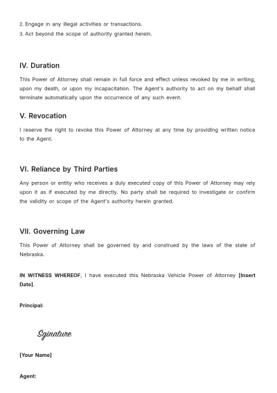 Free Nebraska Vehicle Power of Attorney Template to Edit Online