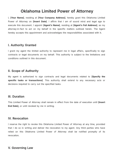 Free Oklahoma Limited Power of Attorney Template to Edit Online