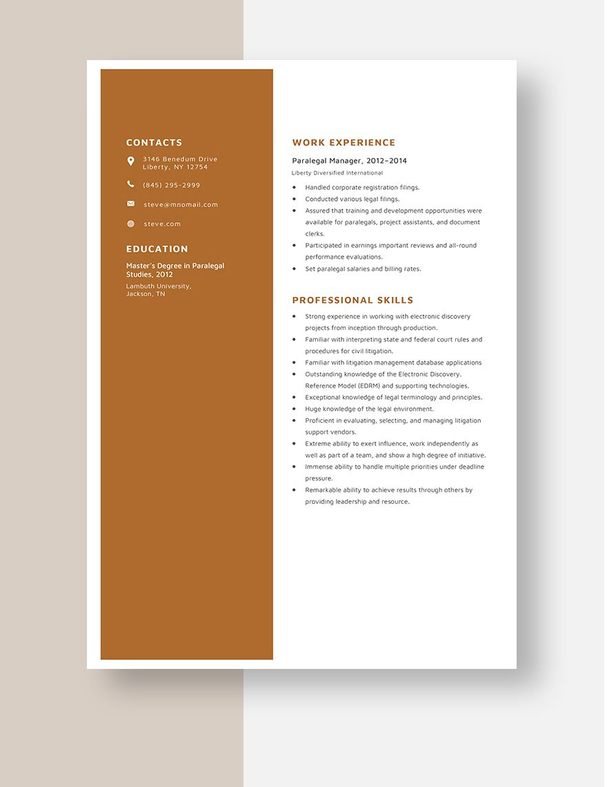 Paralegal Manager Resume