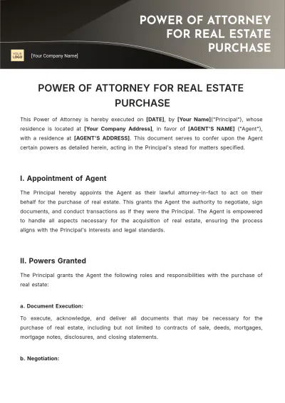 Free Power of Attorney for Real Estate Purchase Template to Edit Online
