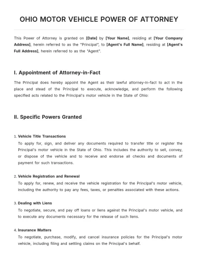 Free Ohio Motor Vehicle Power of Attorney Template to Edit Online