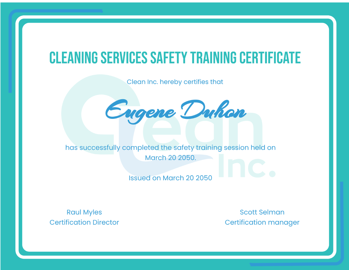 Cleaning Services Safety Training Certificate