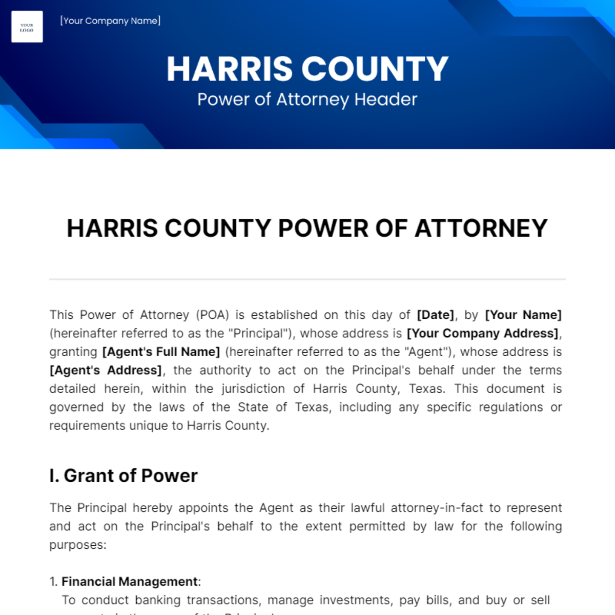 Harris County Power of Attorney Template