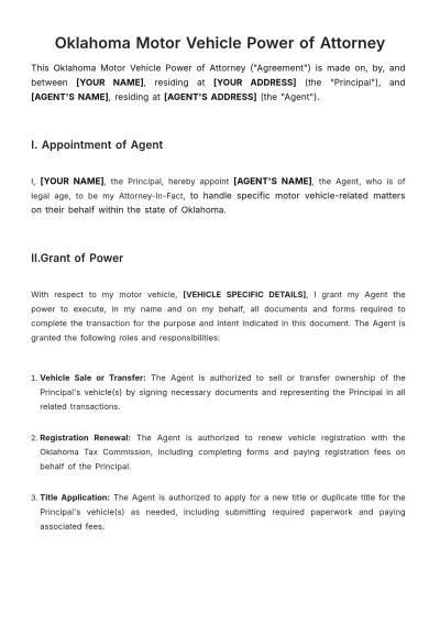 Free Oklahoma Motor Vehicle Power of Attorney Template to Edit Online