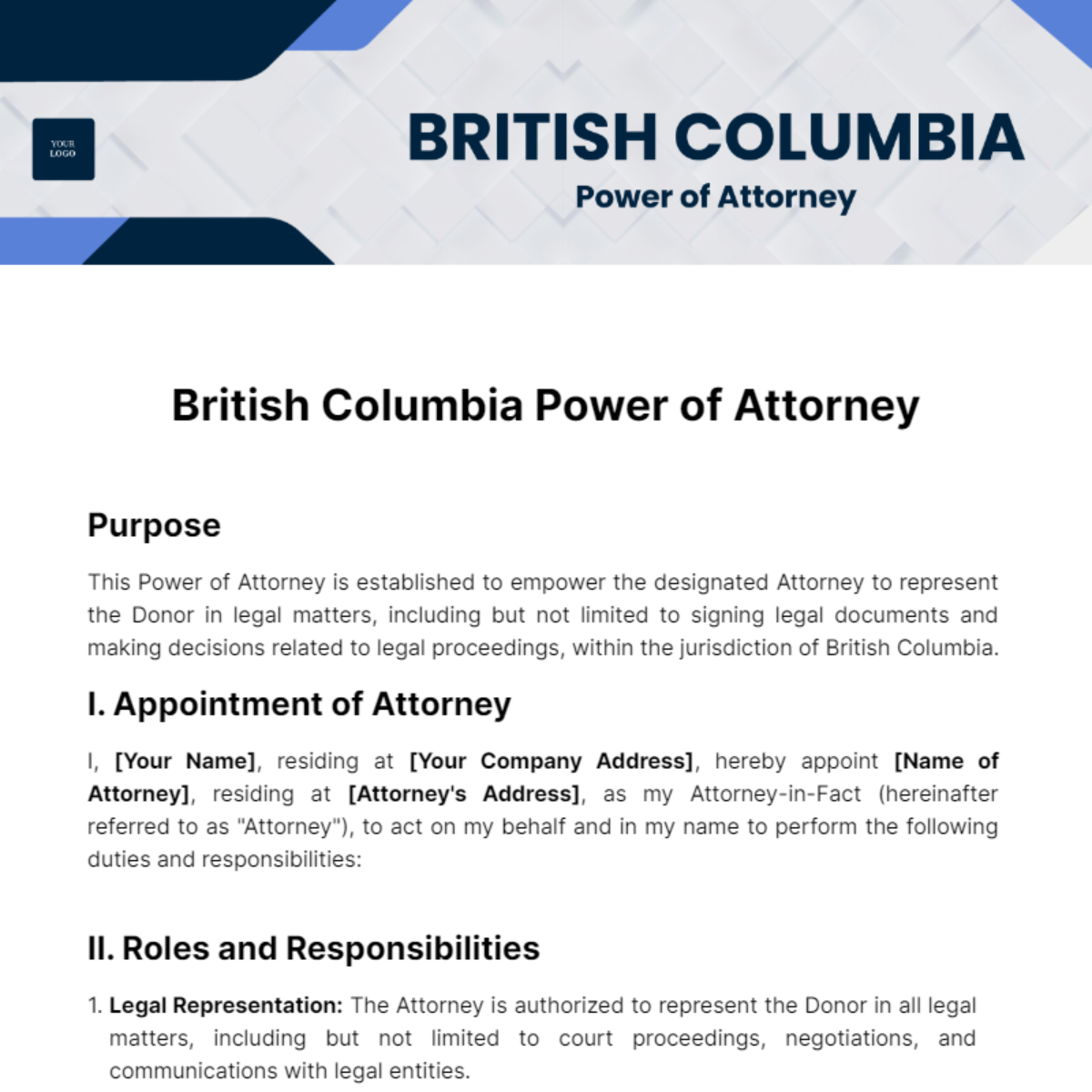 British Columbia Power of Attorney Template