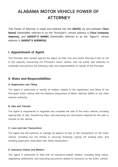 Free Alabama Motor Vehicle Power of Attorney Template to Edit Online