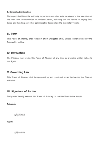 Free Alabama Motor Vehicle Power of Attorney Template to Edit Online