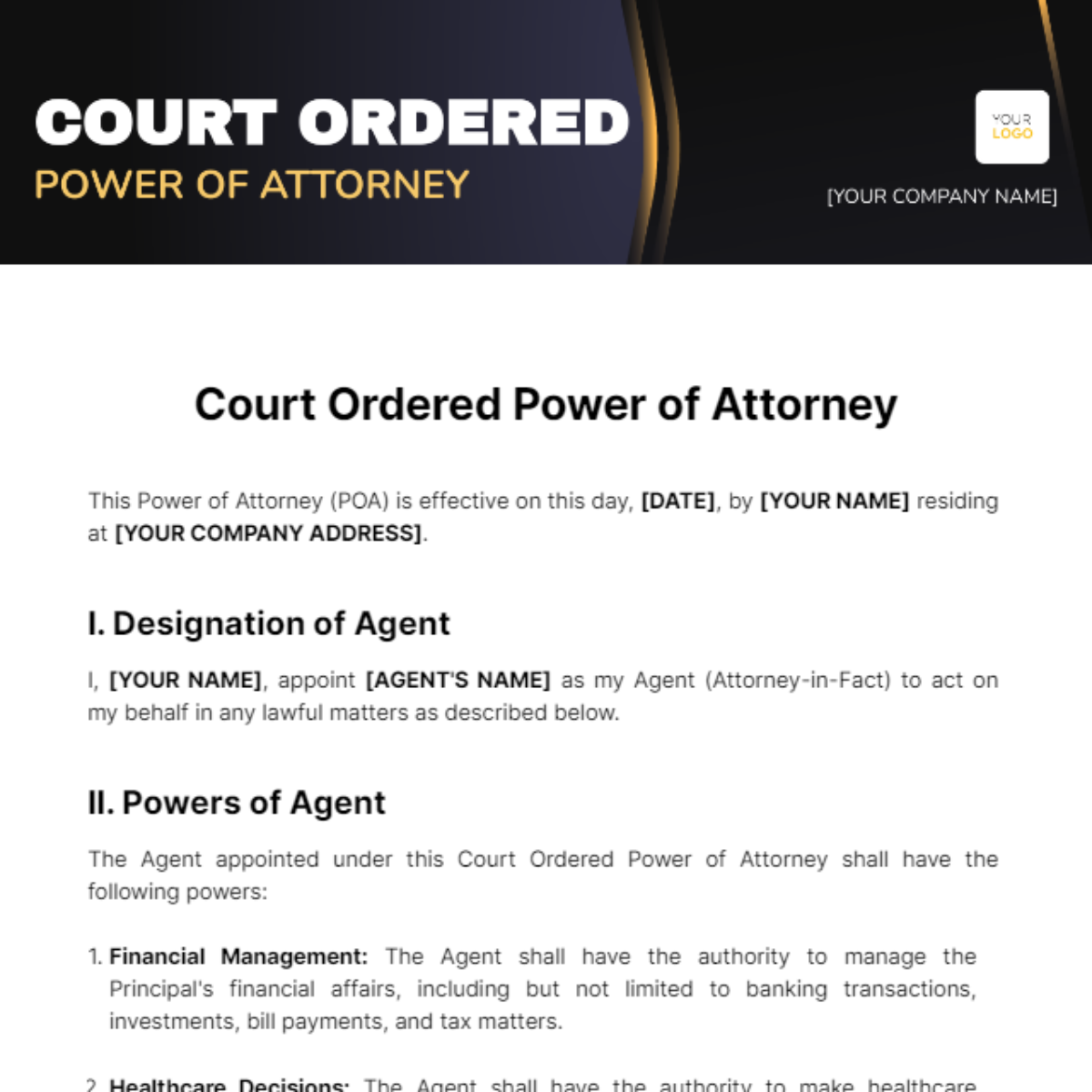 Court Ordered Power of Attorney Template