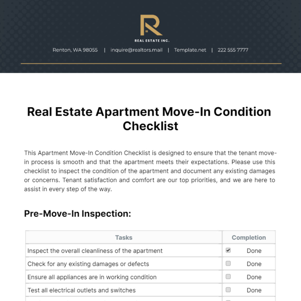 Real Estate Apartment Move-In Condition Checklist Template