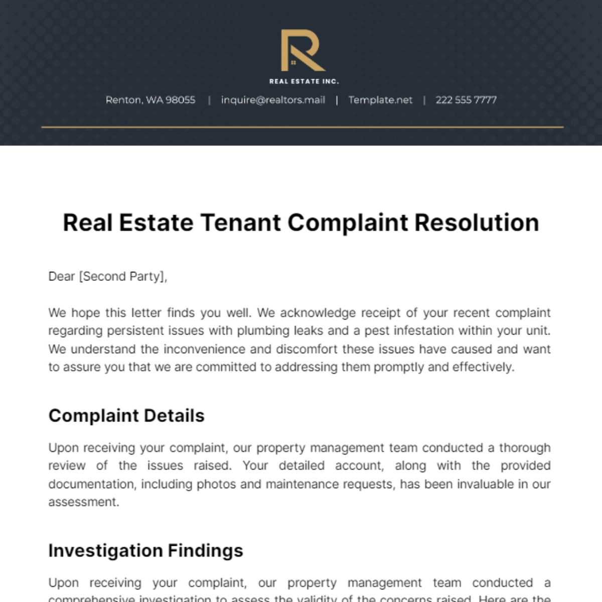 Free Real Estate Tenant Complaint Resolution Template