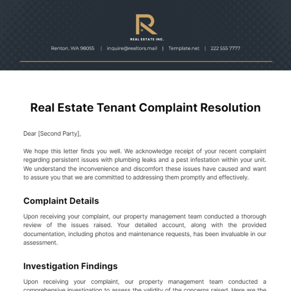 Real Estate Tenant Complaint Resolution Template - Edit Online & Download