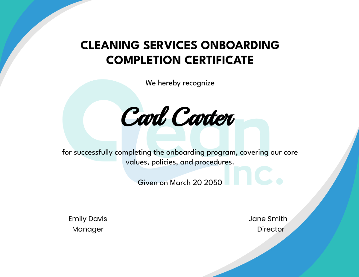 Cleaning Services Onboarding Completion Certificate