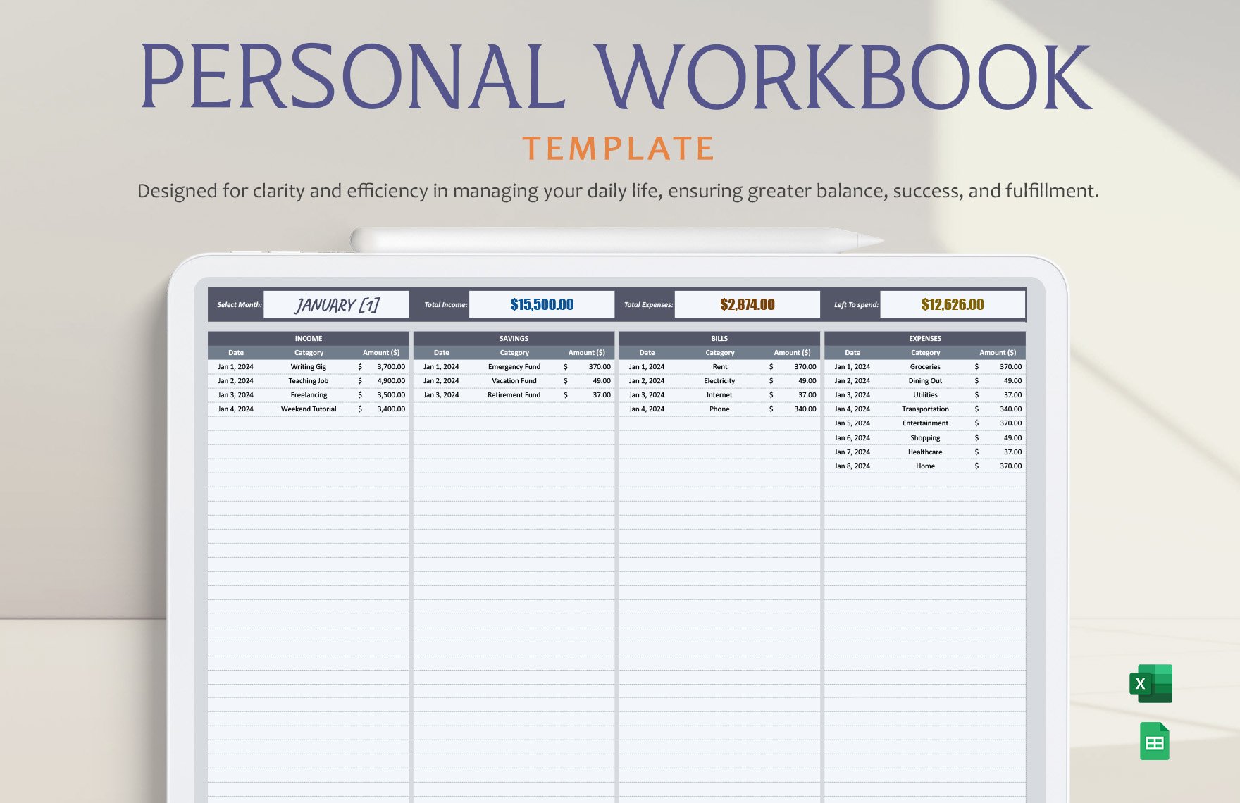 Personal Workbook Template in Excel, Google Sheets