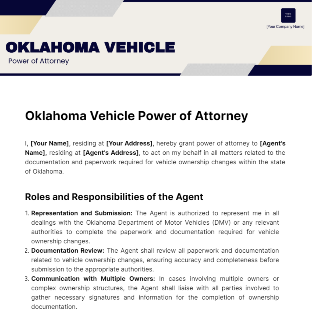 Oklahoma Vehicle Power of Attorney Template