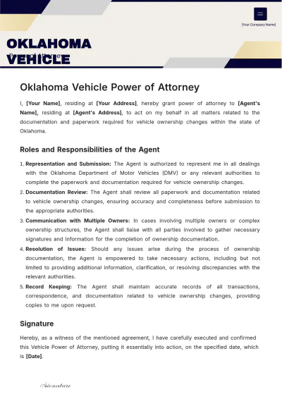 Free Oklahoma Vehicle Power of Attorney Template to Edit Online