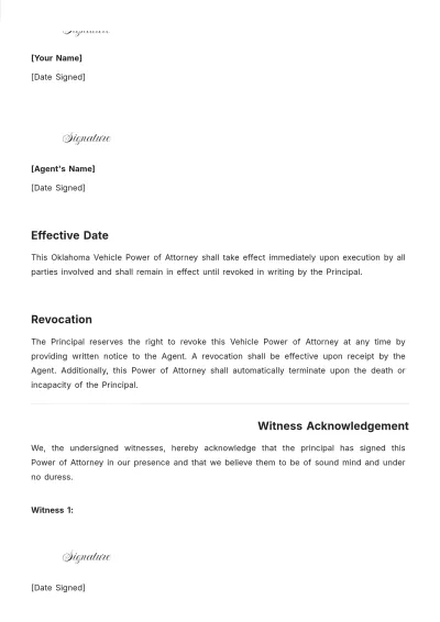 Free Oklahoma Vehicle Power of Attorney Template to Edit Online