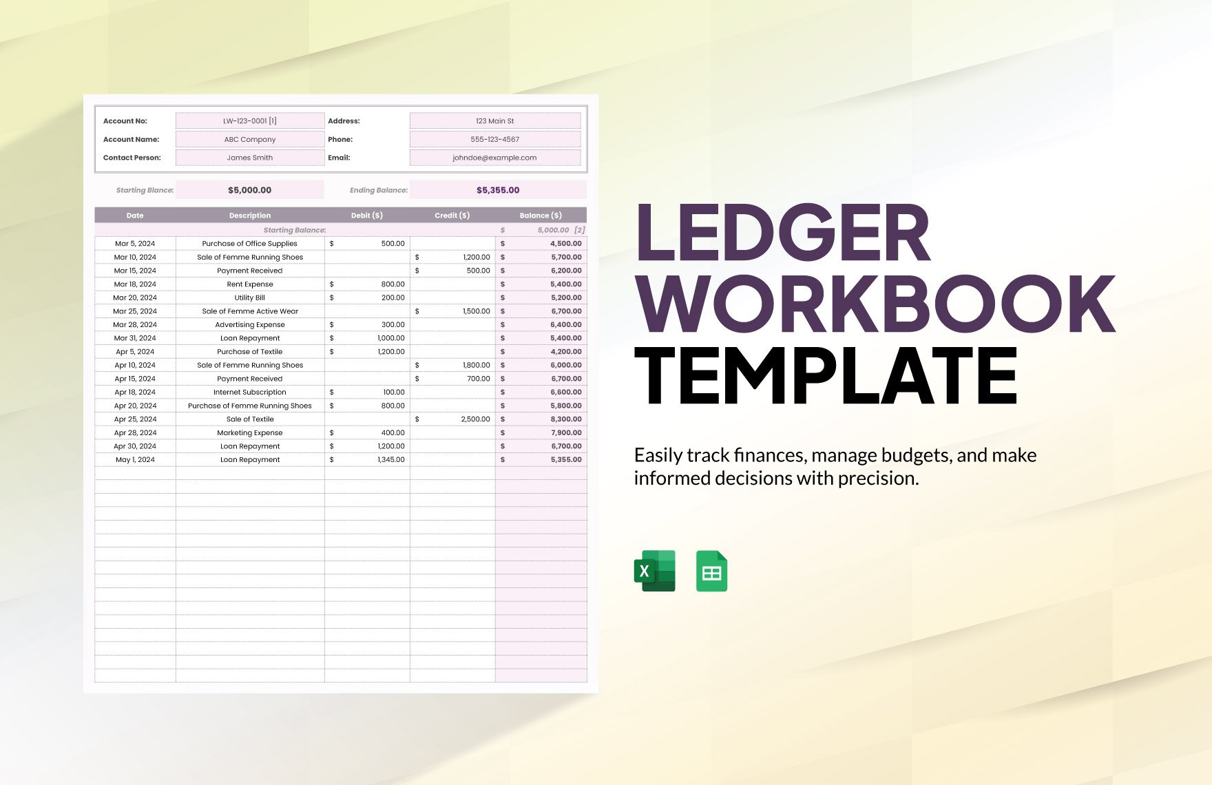 Ledger Workbook Template in Excel, Google Sheets