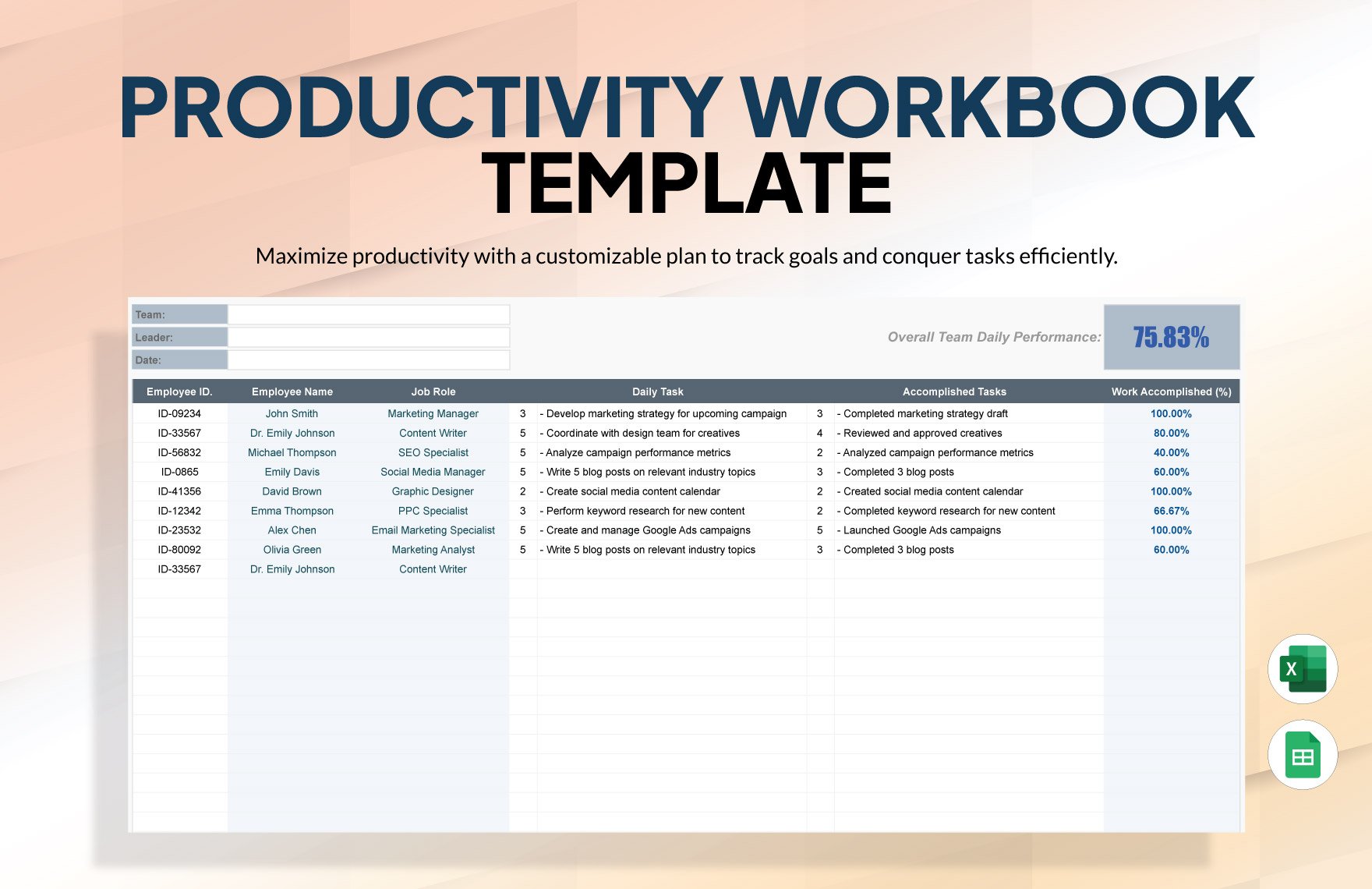 Productivity Workbook Template in Excel, Google Sheets