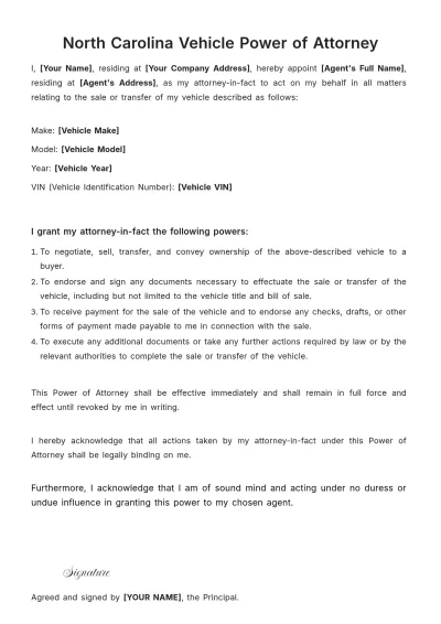 Free North Carolina Vehicle Power of Attorney Template to Edit Online