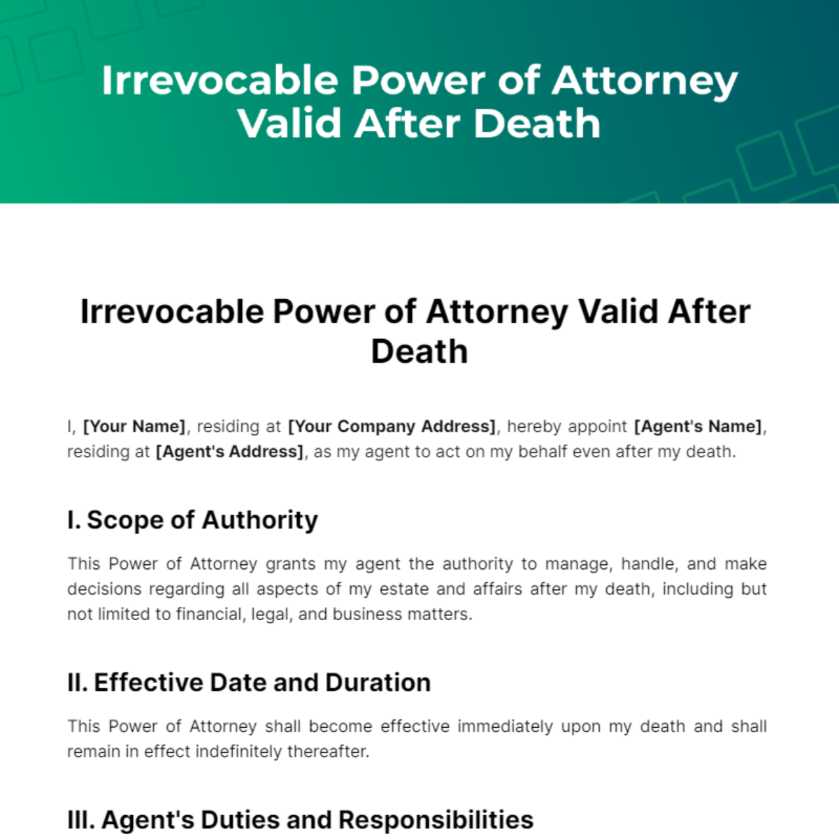 Irrevocable Power of Attorney Valid After Death Template