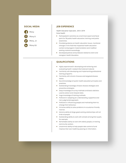 Health Education Specialist  Resume Template