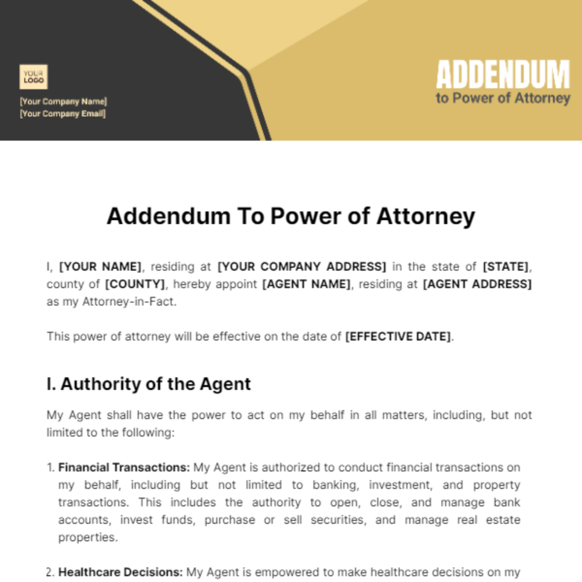 Addendum To Power of Attorney Template