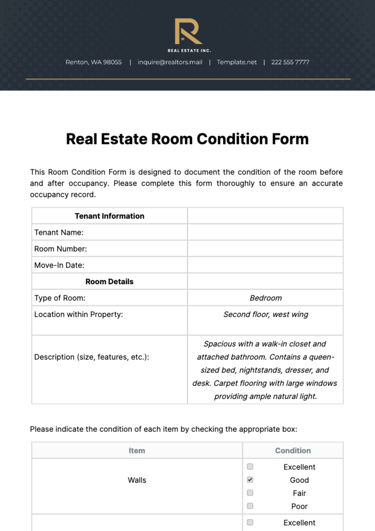 Free Real Estate Room Condition Form Template