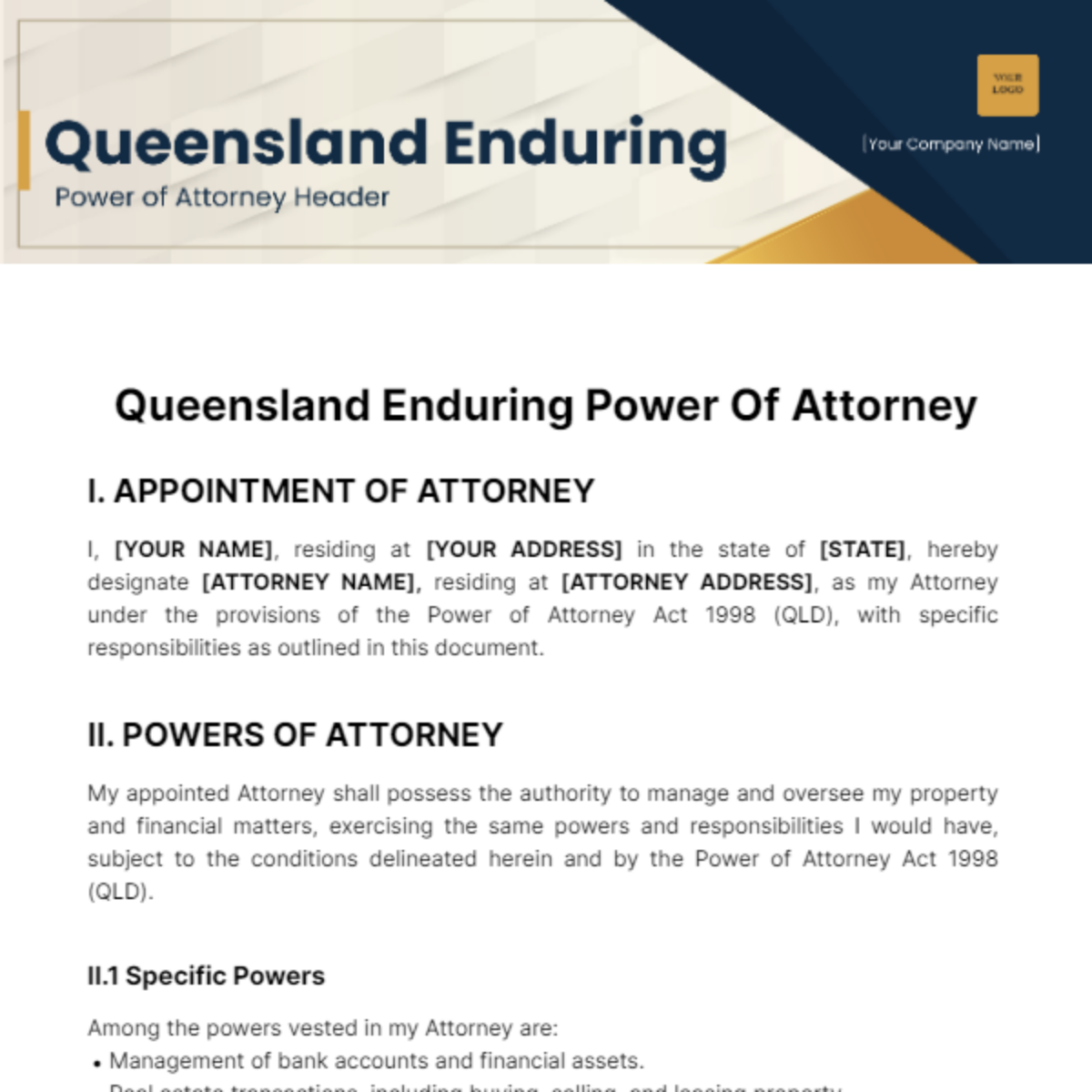Queensland Enduring Power of Attorney Template