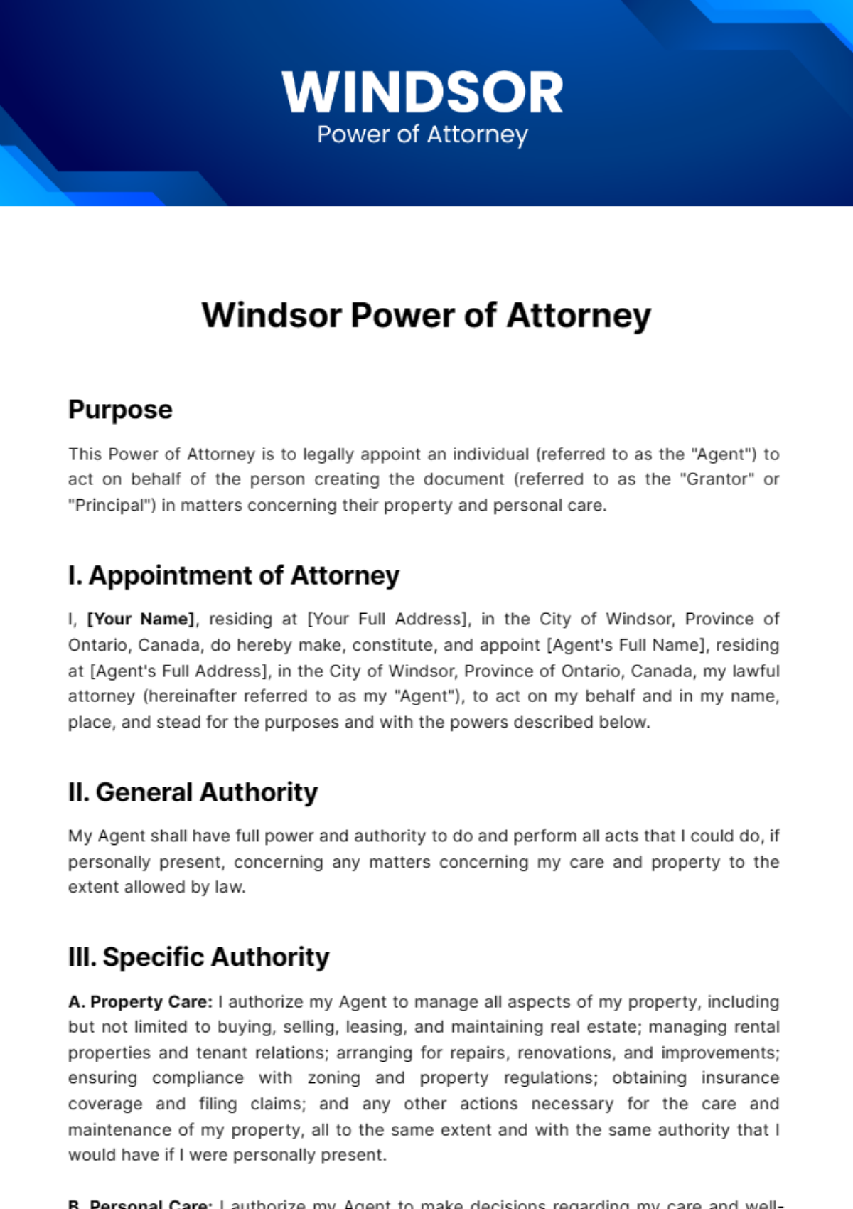 Windsor Power of Attorney Template