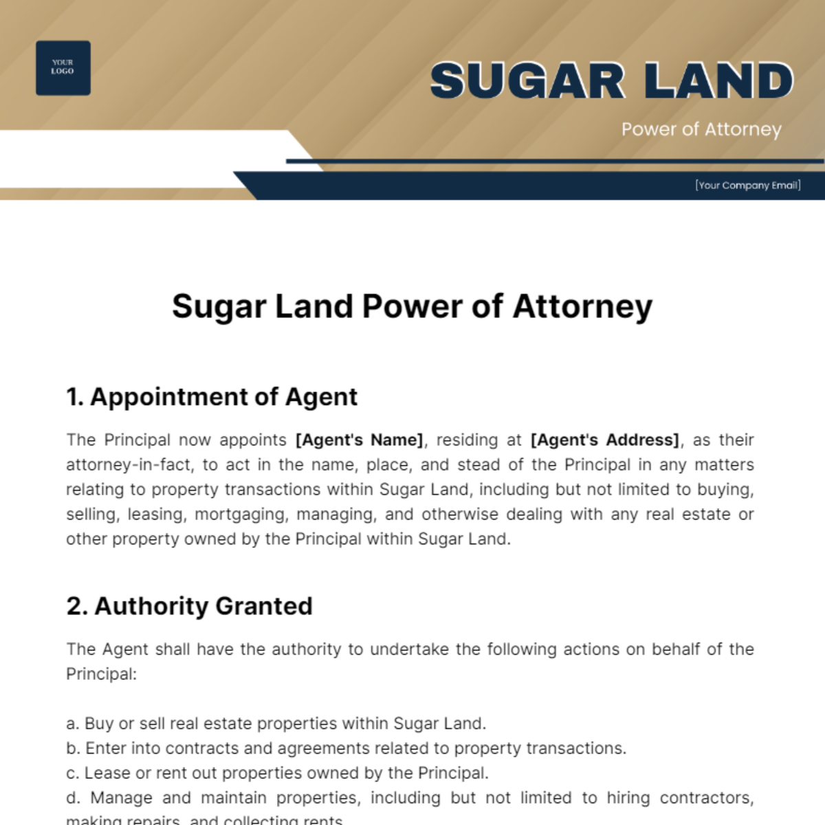 Sugar Land Power of Attorney Template