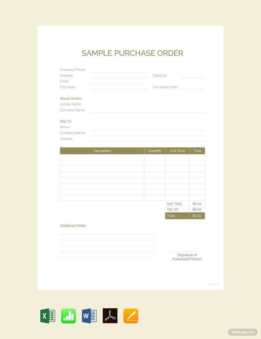 Sample Purchase Order Template in Word, Google Docs, Excel, PDF, Google Sheets, Apple Pages, Apple Numbers