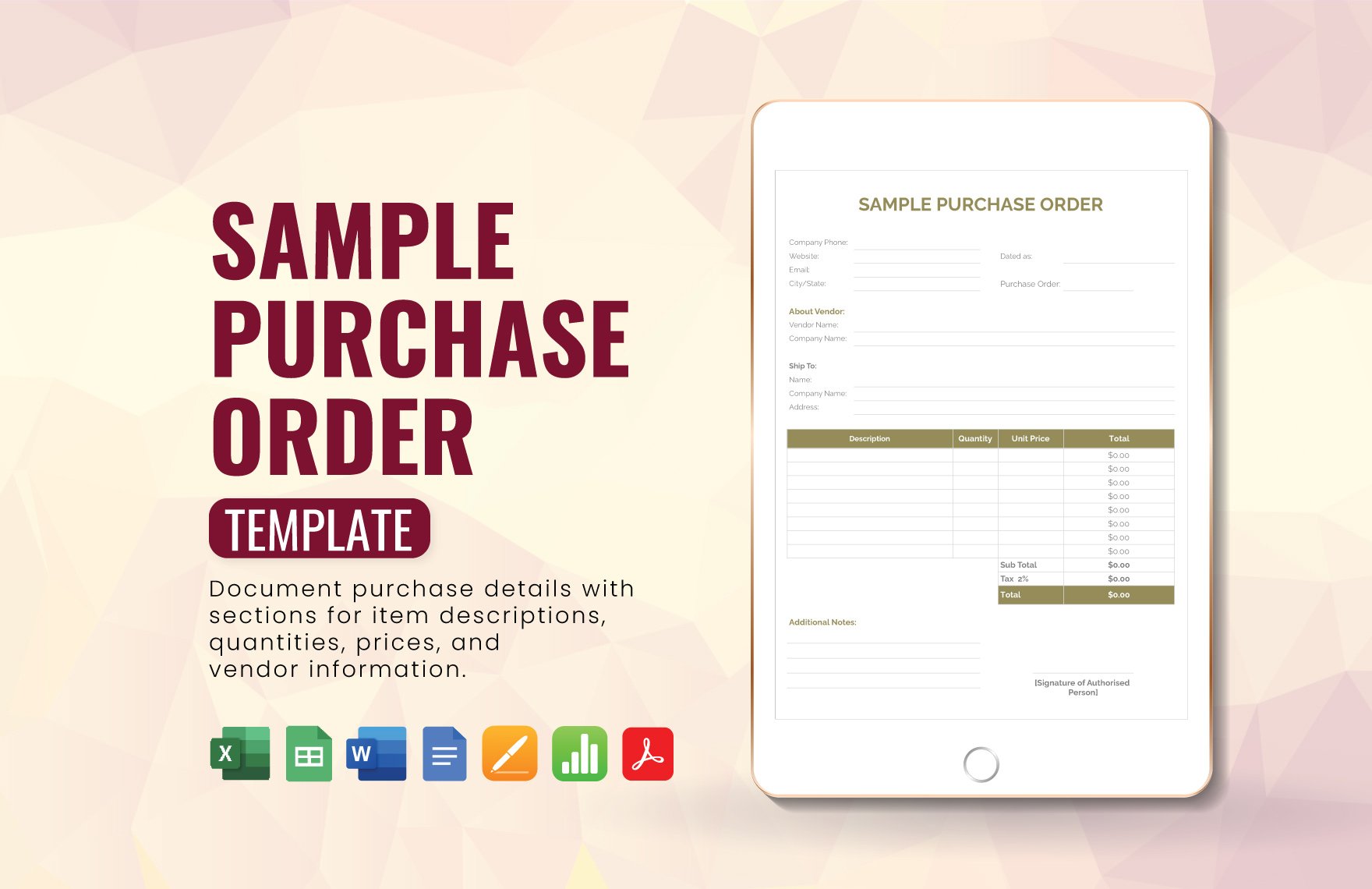 Sample Purchase Order Template in Word, Google Docs, Excel, PDF, Google Sheets, Apple Pages, Apple Numbers