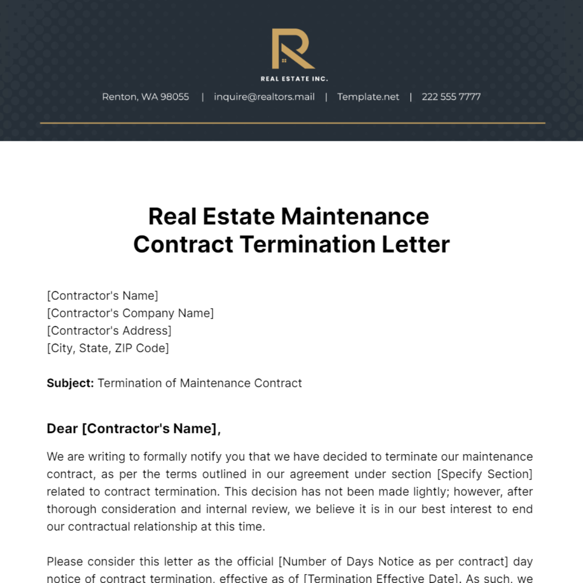 Real Estate Maintenance Contract Termination Letter Template