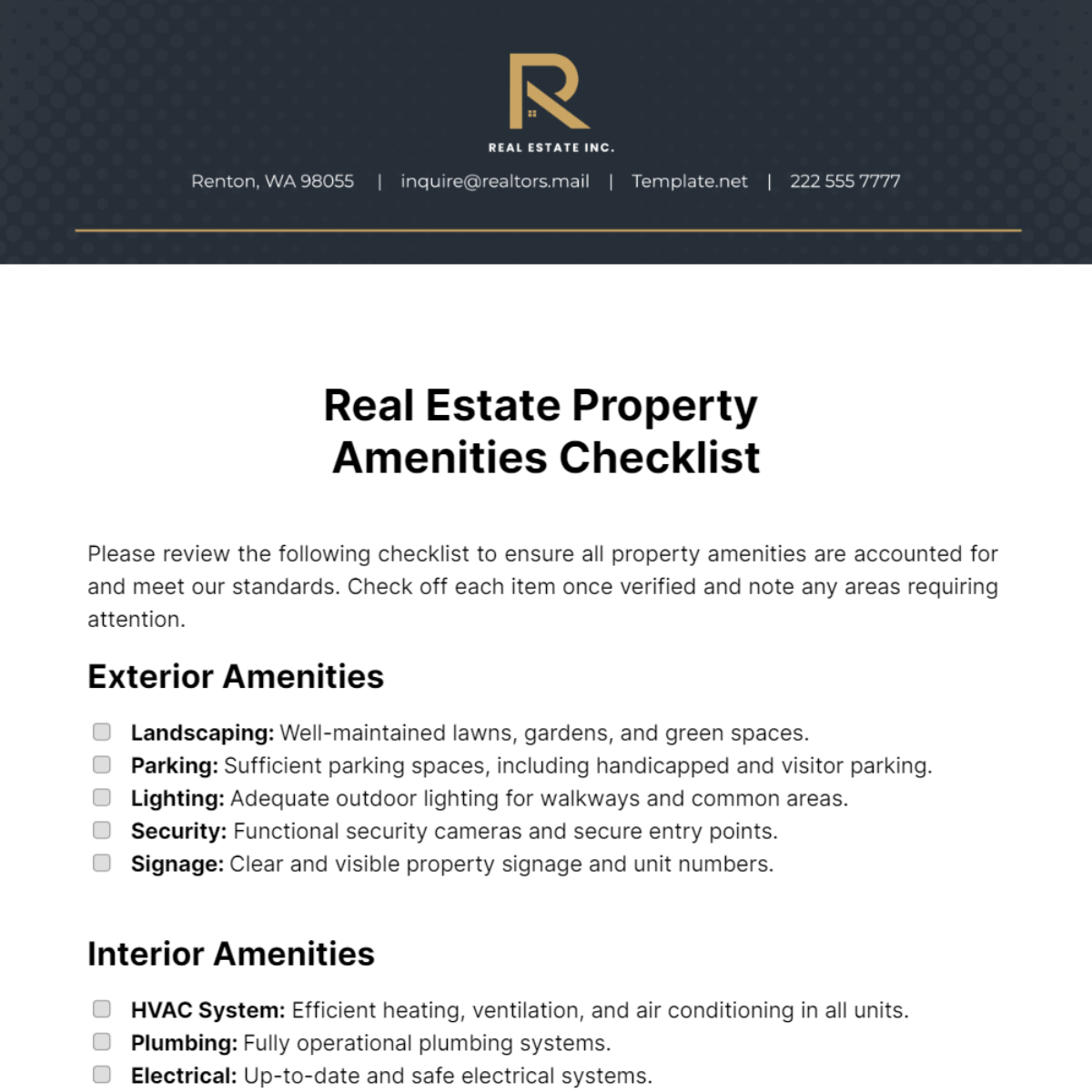 Real Estate Property Amenities Checklist Template