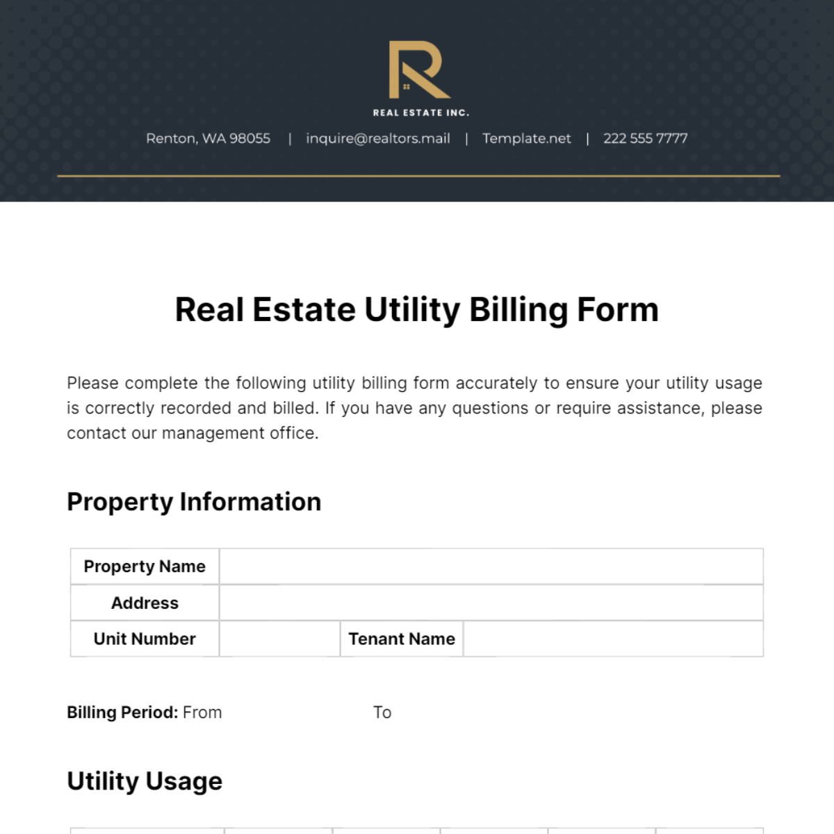 Real Estate Utility Billing Form Template