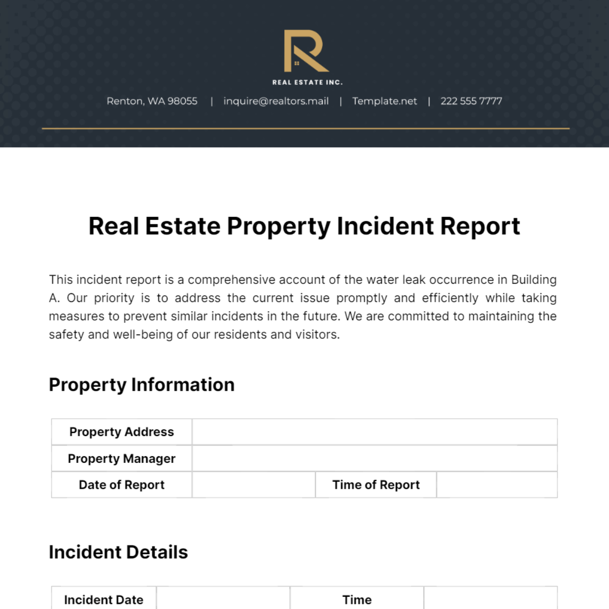 Free Real Estate Property Incident Report Template