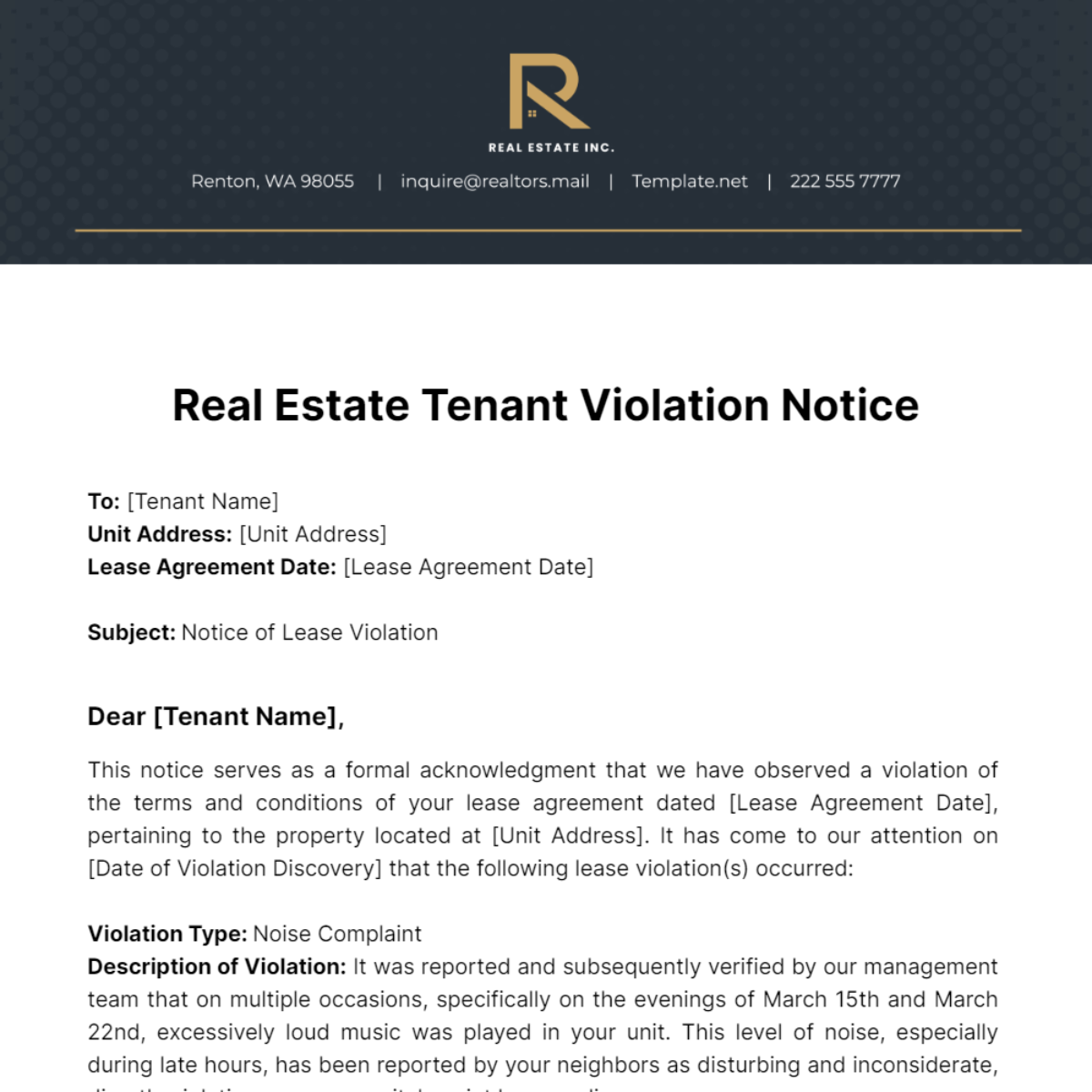 Real Estate Tenant Violation Notice Template