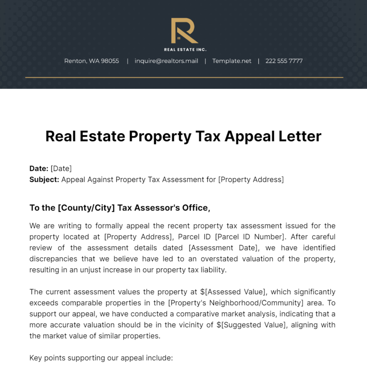 Real Estate Property Tax Appeal Letter Template