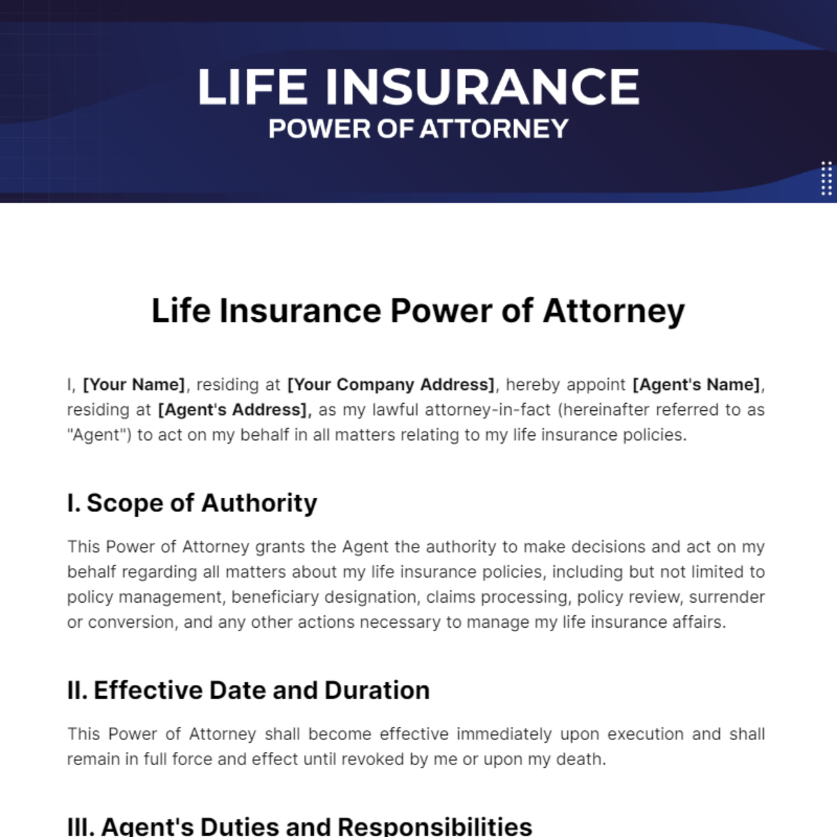 Life Insurance Power of Attorney Template