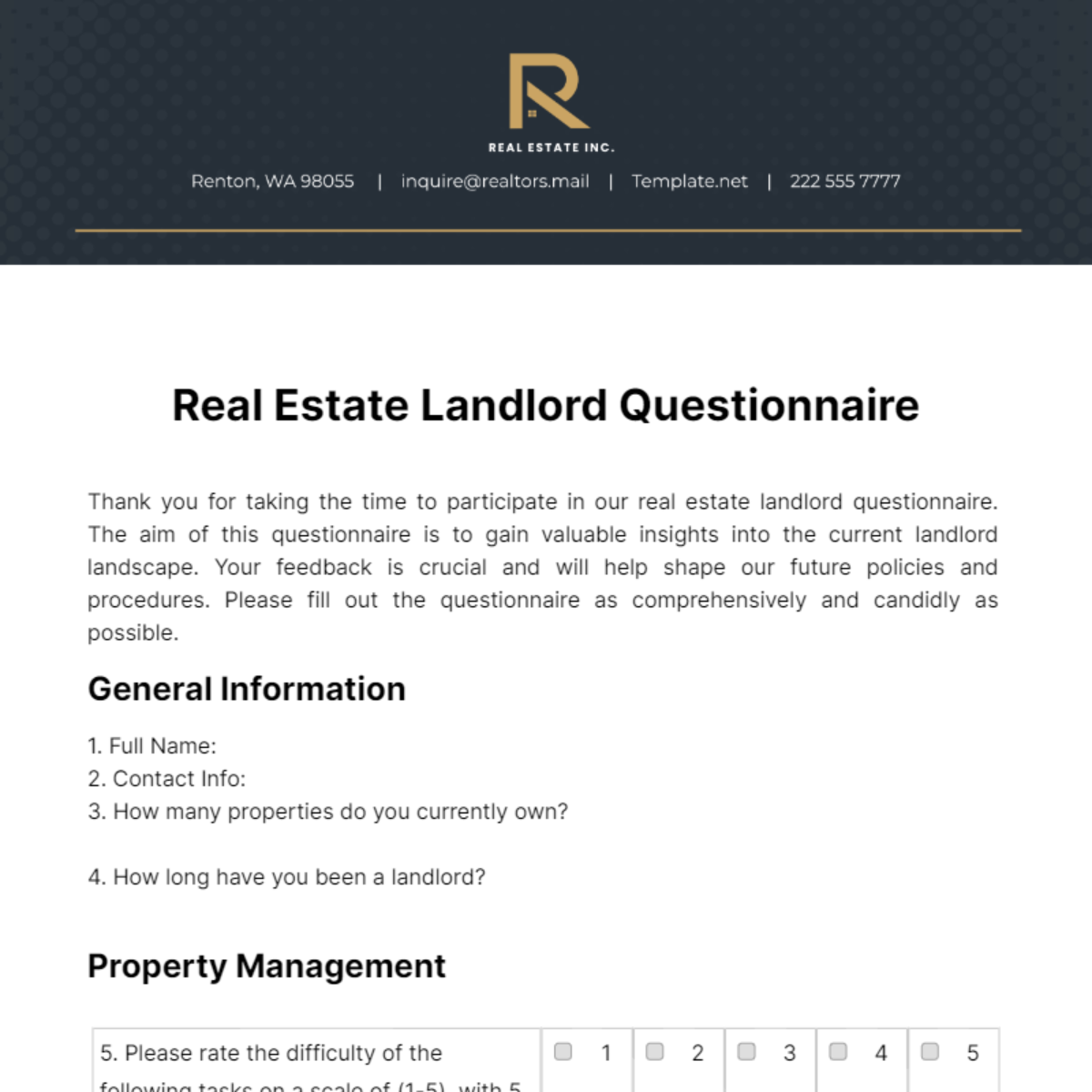 Free Real Estate Landlord Questionnaire Template