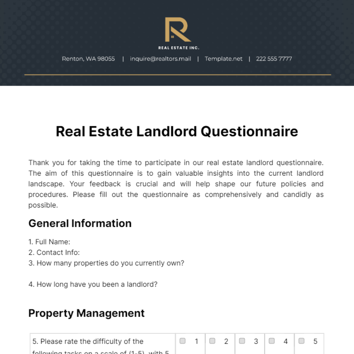 Real Estate Landlord Questionnaire Template - Edit Online & Download