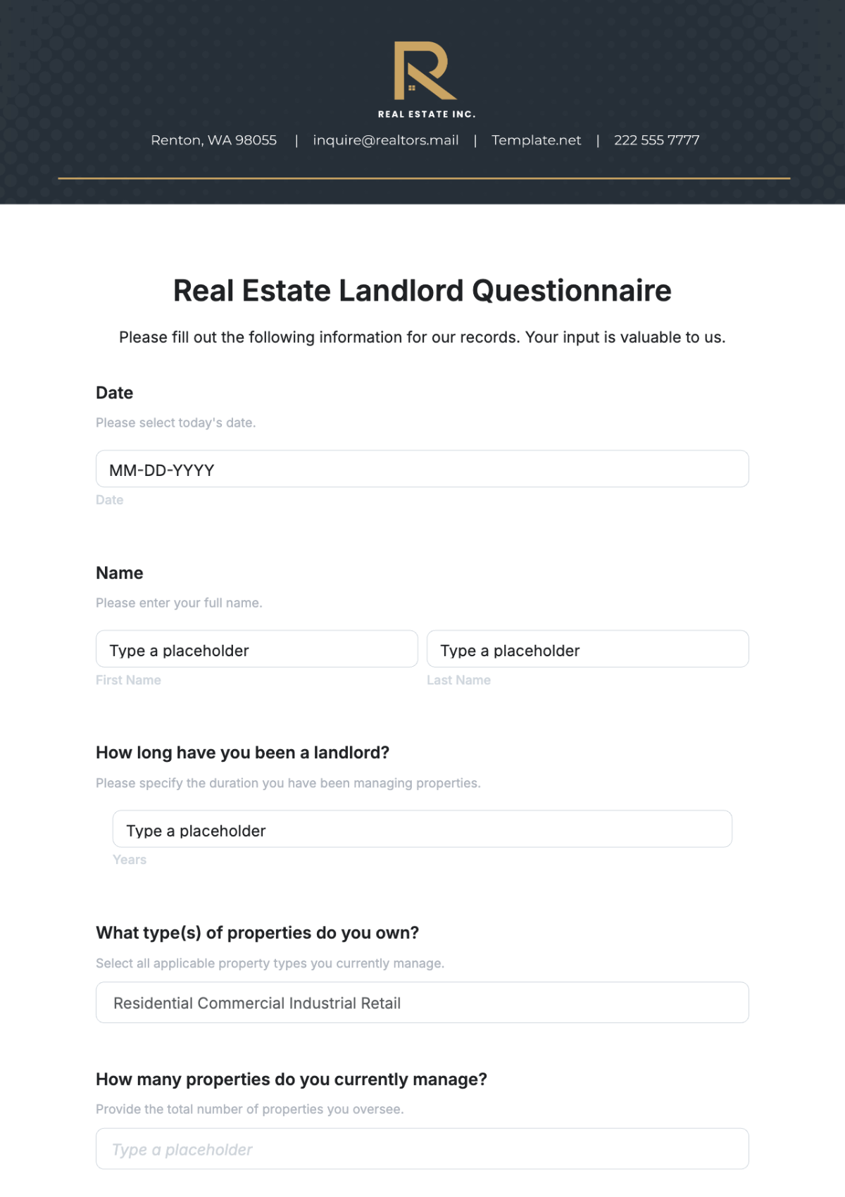 Free Real Estate Landlord Questionnaire Template to Edit Online | Template.net