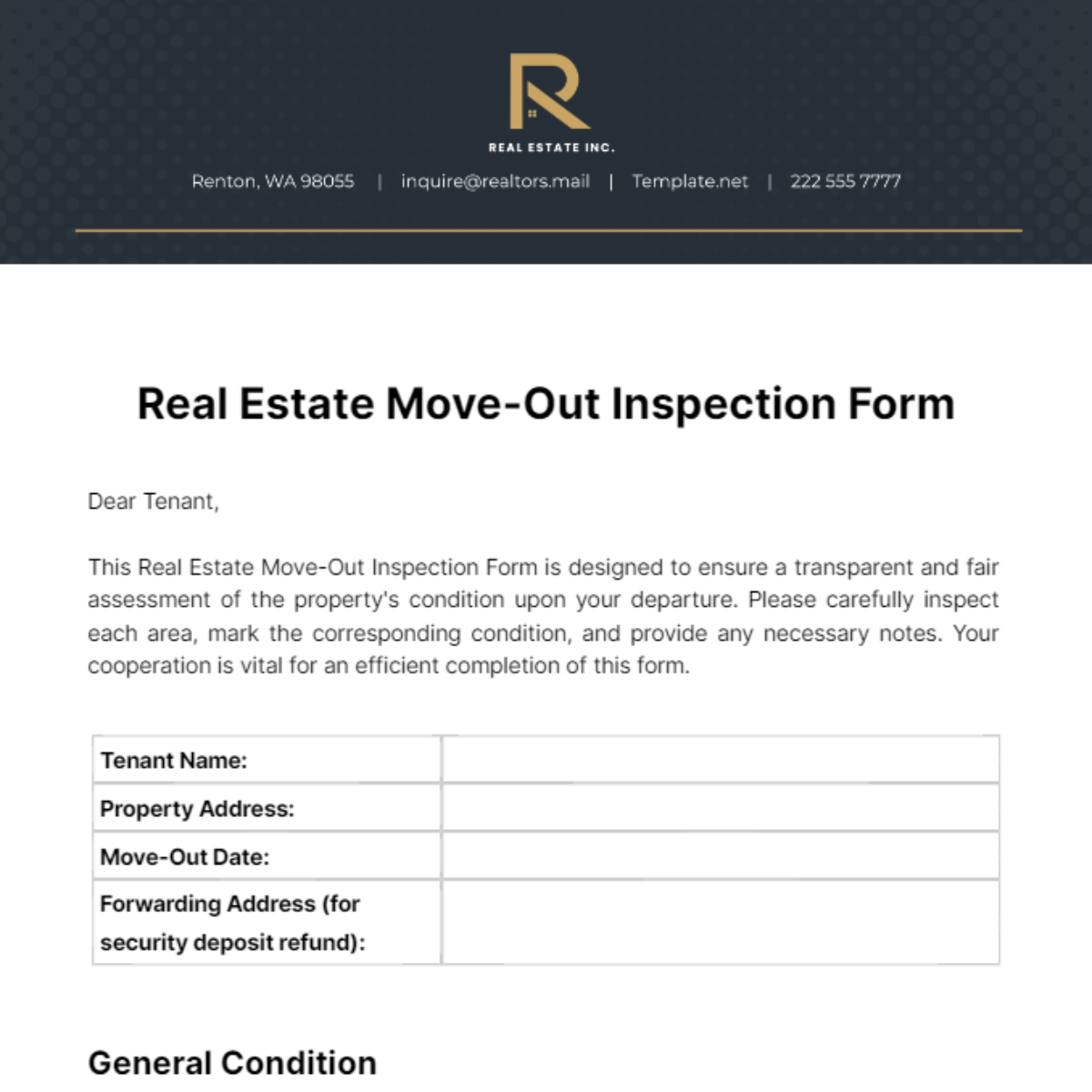 Real Estate Move-Out Inspection Form Template