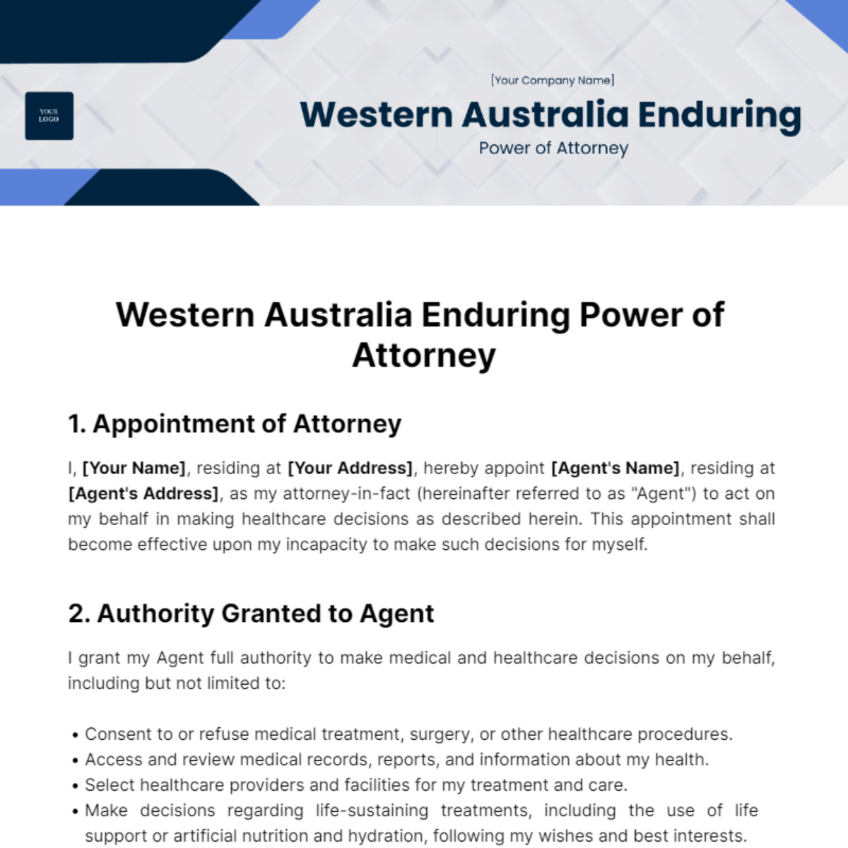 Free Western Australia Enduring Power of Attorney  Template