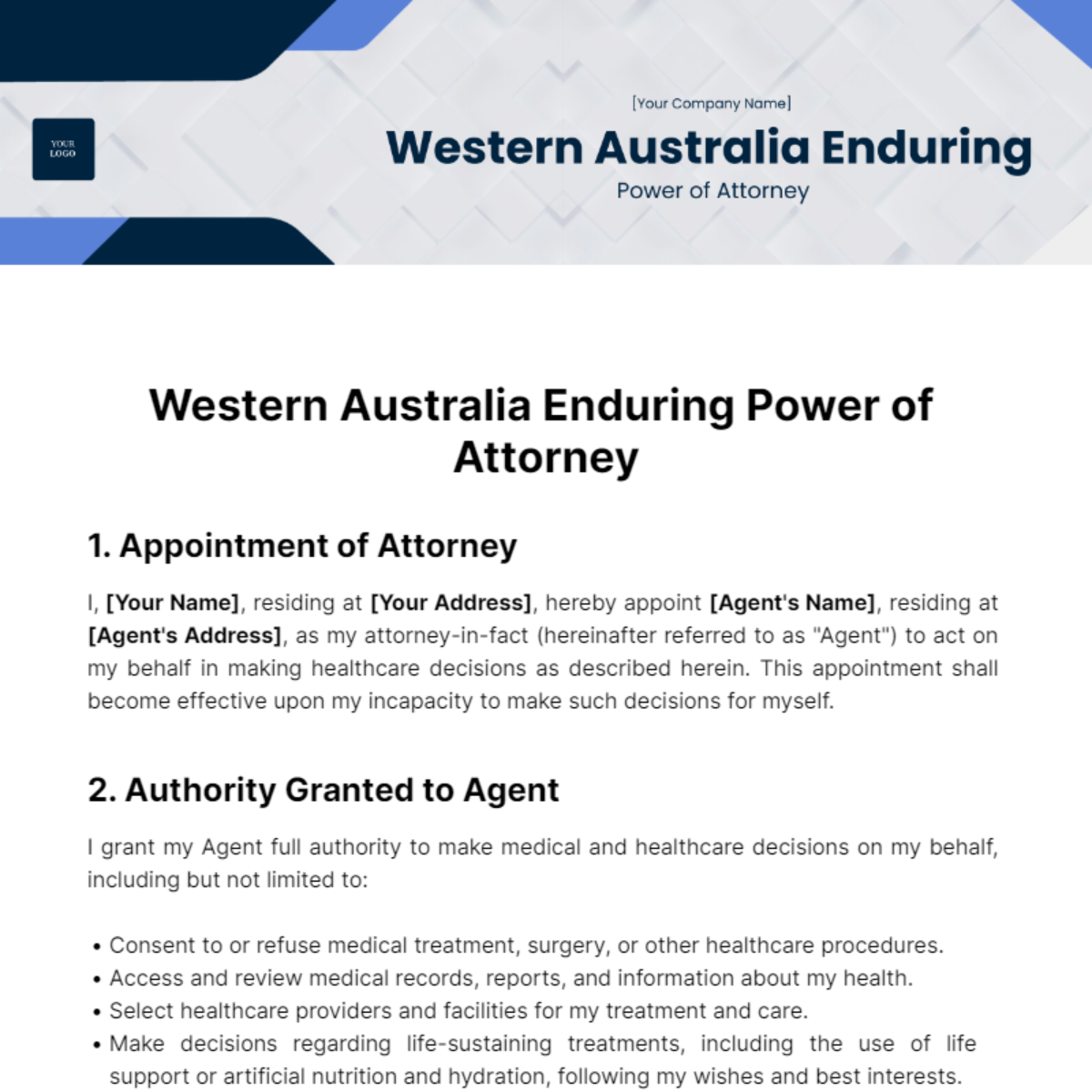 Free Western Australia Enduring Power of Attorney Template - Edit 