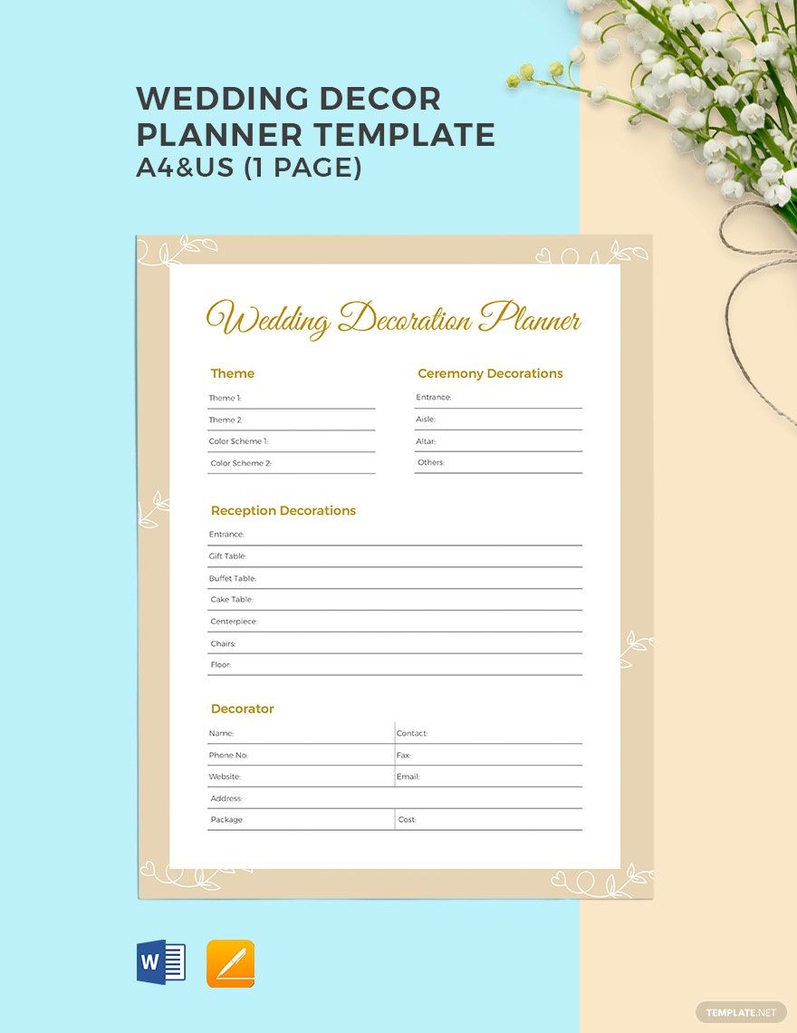 Wedding party planner template word apple pages template