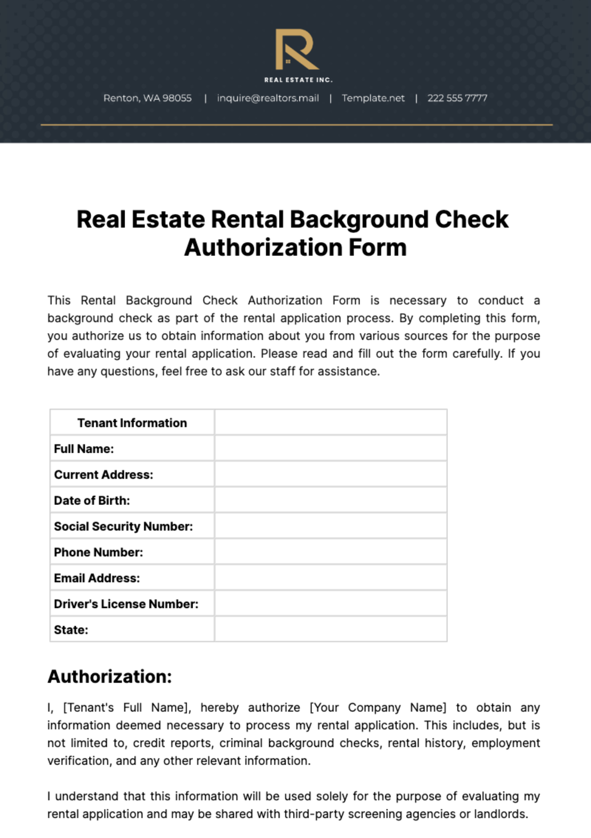 Real Estate Rental Background Check Authorization Form Template