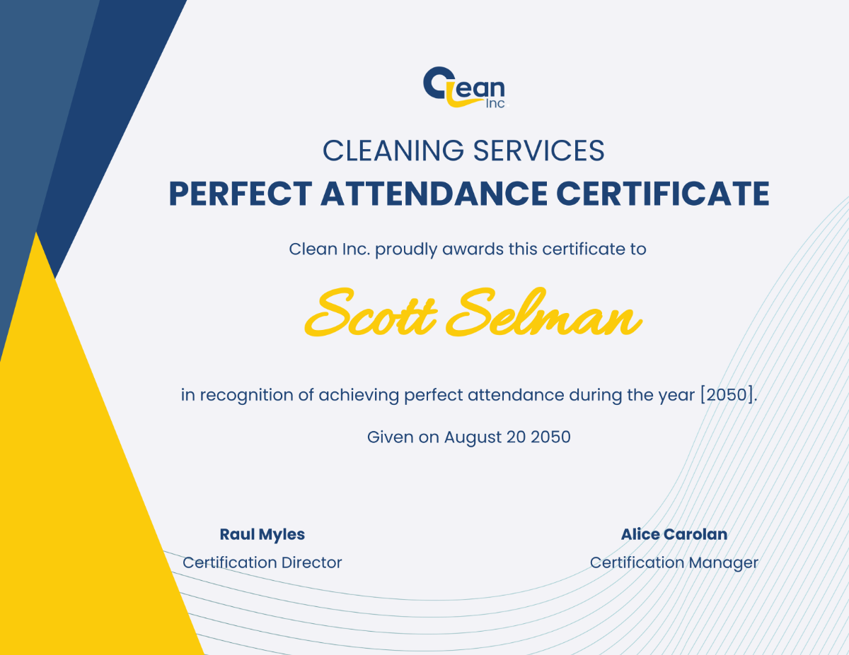 Cleaning Services Perfect Attendance Certificate