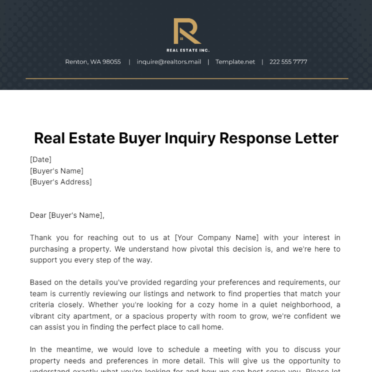 Real Estate Buyer Inquiry Response Letter Template