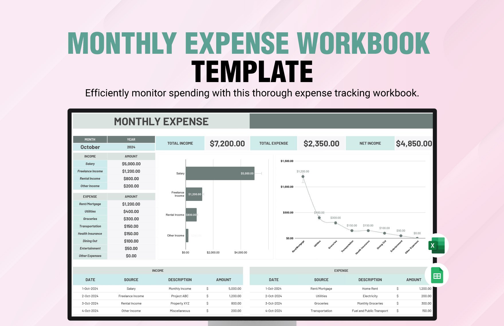 Monthly Expense Workbook Template in Excel, Google Sheets